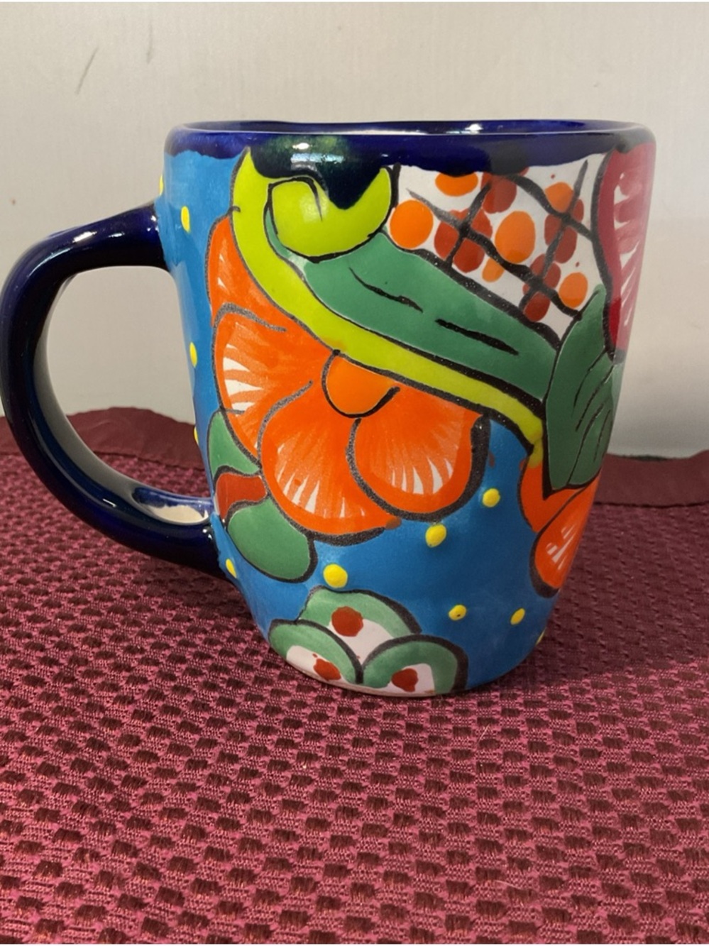 Hand-Painted Blue Floral Ceramic Mug - Colorful Orange Flower Lead free Talavera